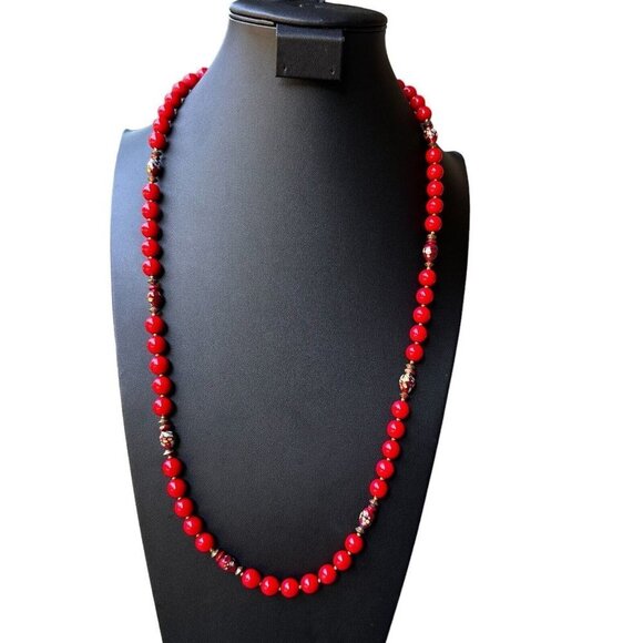Fashion Necklace Red‎ Glass Millefiori Venetian Metal Spacer Beads Floral 31" - Picture 3 of 9